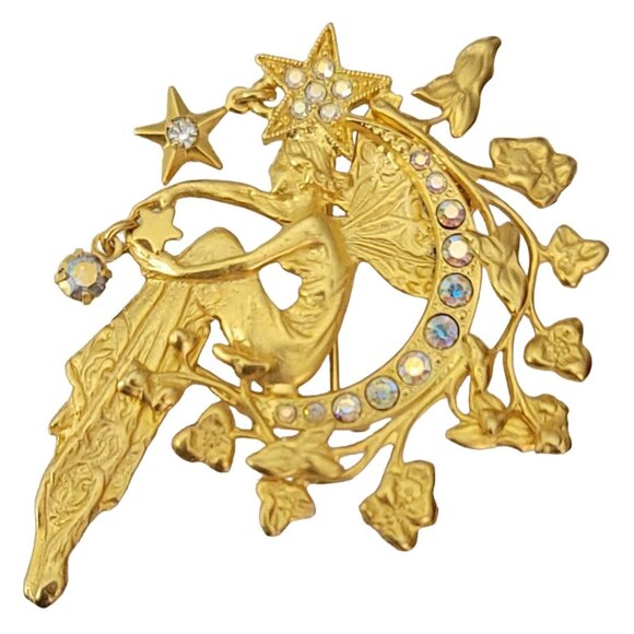 Kirk's Folly Gold Tone  Beautiful Fairy On A Crescent Moon Star Dangle Brooch - Picture 1 of 9
